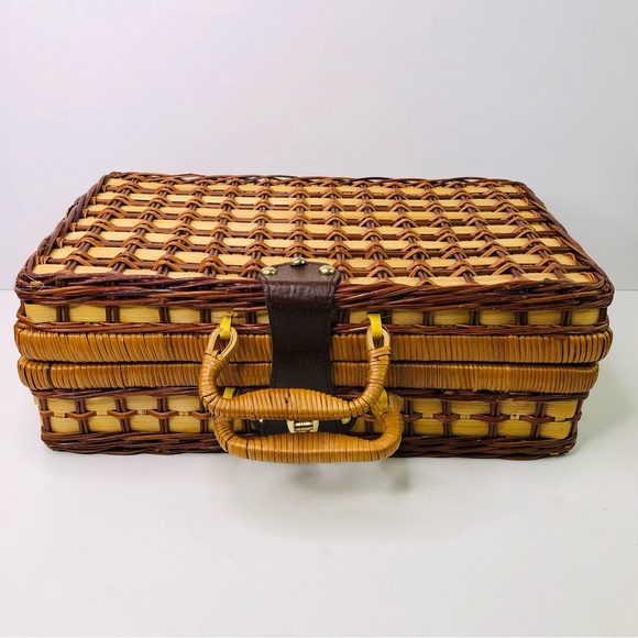 Vintage Wicker Picnic Basket Case Retro Suitcase Storage Organizer Box Decor - Picture 1 of 5
